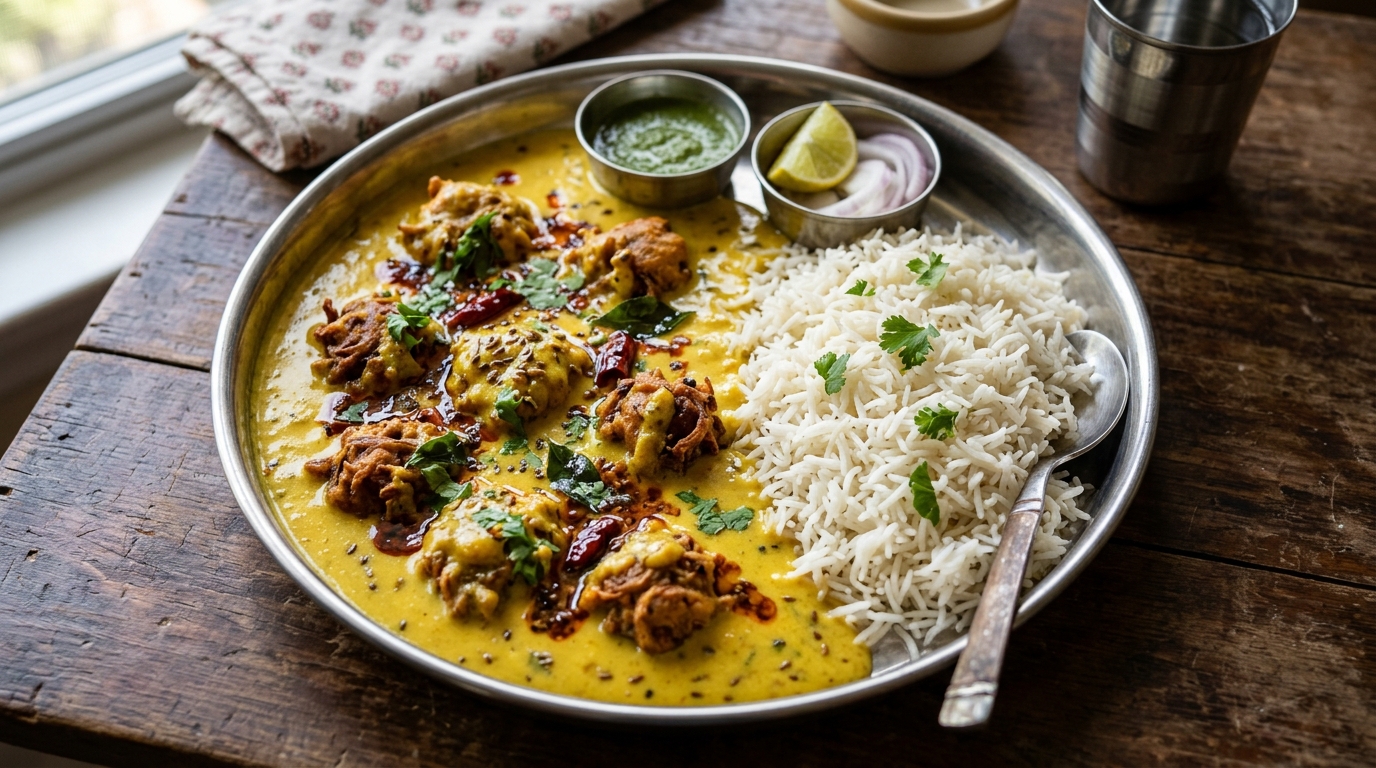 Kadhi pakoda with rice thali food photo